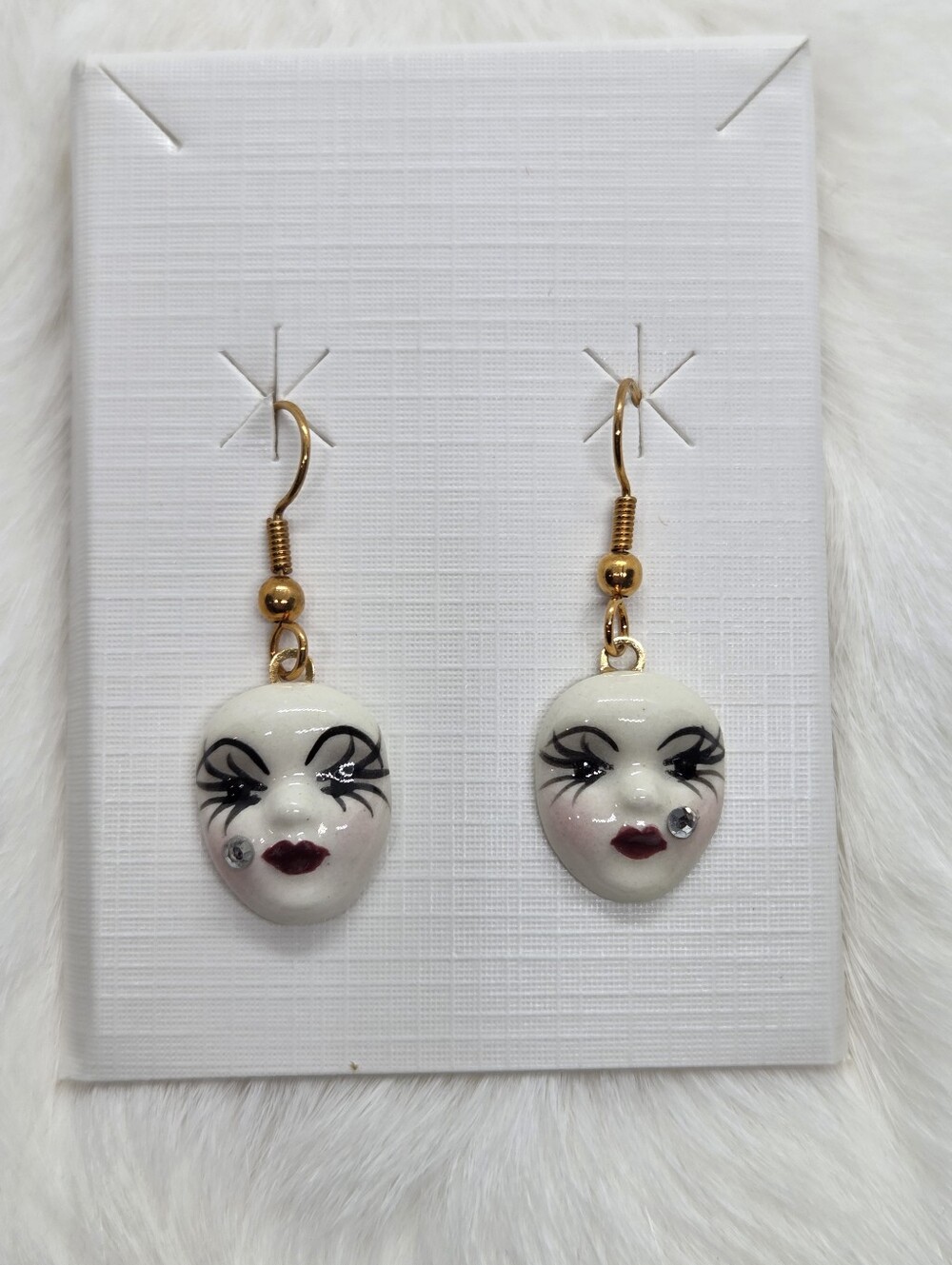 Vintage Fancy Faces Hand Painted Porcelain Mask Dangle Earrings